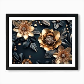 Gold Flowers On Black Background 12 Art Print