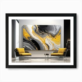 Abstract Art Featuring Liquid Marble Patterns Flowing Together In A Dance Of Grey Black Yellow G Art Print