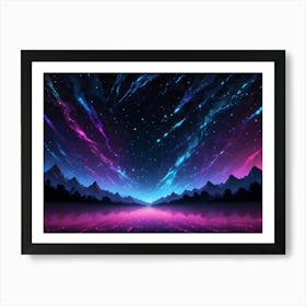 A Vibrant, Colorful Aurora Borealis Lights Up The Night Sky Above A Silhouetted Mountain Range And A Lake, Creating A Magical Reflection Art Print