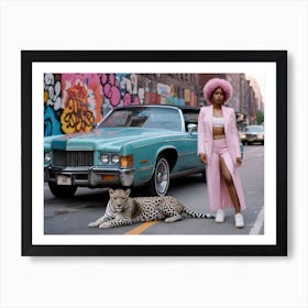 Leopard and woman with pink afro Art Print