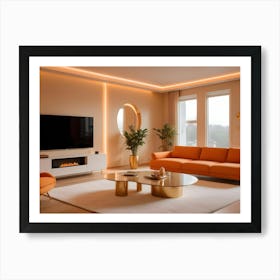 A Modern Living Room With Beige Walls, An Orange Couch, A Gold Coffee Table, A Fireplace, And A Large Window With A View Of The City Art Print