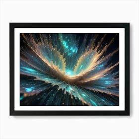 Abstract Design Of A Swirling, Colorful Explosion Of Gold And Teal With Sparkling Lights, Resembling A Burst Of Energy Or A Cosmic Event Art Print