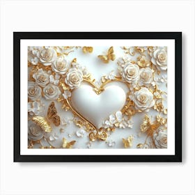 3d White Background With Gold Roses, Butterflies and Heart Art Print