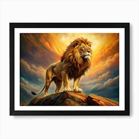 Majestic Lion Standing On A Rock Under A Dramatic Sky Art Print