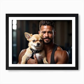 Bodybuilder holding cute Chihuahua dog 1 Art Print