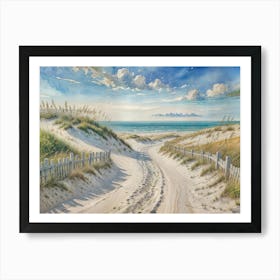 The Chosen Path Is A Vibrant Path Through Sand Dunes Leading to the Ocean and Under a Colorful Sky Filled With Fluffy Clouds Poster