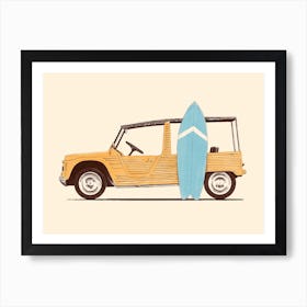 Vintage Car With Surfboard Yellow & Blue Art Print