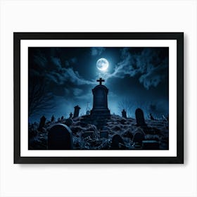 A Haunting View Of A Tomb Silhouetted Against The Night Sky A Gravestone With The Cross Engraved W (5) Art Print