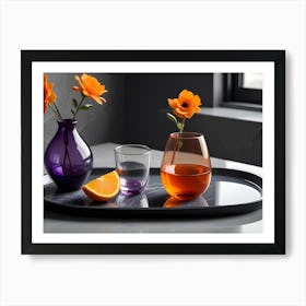 A Stylish Still Life With Orange Flowers, A Purple Vase, Orange Juice, A Glass, A Half Cut Orange, And A Purple Glass On A Black Marble Tray Art Print