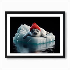 Baby Seal with red beanie On Iceberg Art Print