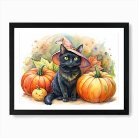 Black Cat Wearing A Witch Hat With Pumpkins Art Print