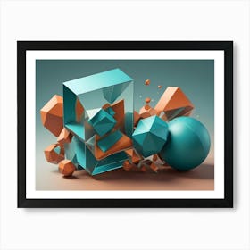 Abstract 3d Model Of Geometric Shapes In Shades Of Blue, Orange, And Green Art Print