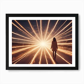 A Woman Walks Toward A Bright, Glowing Light At The End Of A Road, Representing Hope, Guidance, And The Unknown Art Print