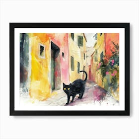 Black Cat In Pescara, Italy, Street Art Watercolour Painting 1 Art Print