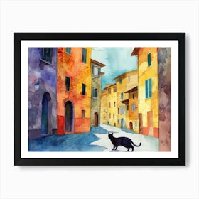 Black Cat In Arezzo, Italy, Street Art Watercolour Painting 2 Art Print