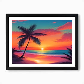 A Tranquil Beach At Sunset Horizontal Illustration 54 Art Print