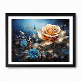 Blue and Gold Roses Art Print