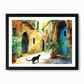 Beirut, Lebanon   Black Cat In Street Art Watercolour Painting 2 Art Print