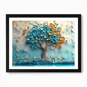 Serene 3d Tree, Turquoise and Blue Leaves, Soft Brown Shades, Colorful Hexagons Art Print