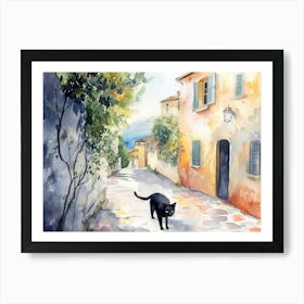 Black Cat In Reggio Calabria, Italy, Street Art Watercolour Painting 3 Art Print