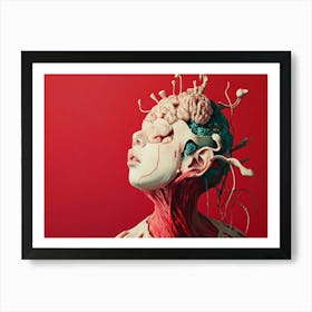 Human Head With Brain on Red Art Print