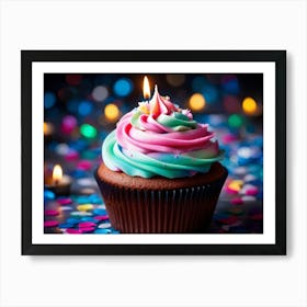 Cupcake With Vibrant Swirls Of Pink Blue And Green Frosting Single Lit Candle Atop Celebrating A (1) Art Print