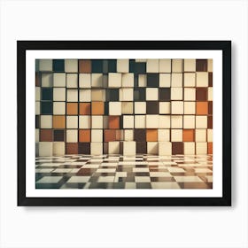 Abstract Image Of A Wall Made Of Square Blocks In Various Shades Of White, Orange, And Black Art Print