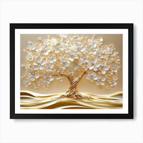 3d Art Golden Tree Life With White Flowers Art Print