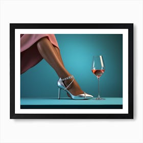 Woman'S Feet ,A Woman Posing Between A Glass Of Wine And A Shoe In party Art Print
