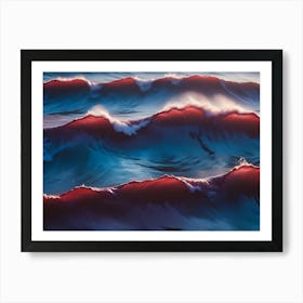 A Series Of Powerful Ocean Waves With Whitecaps Crest And Break, Bathed In Vibrant Red And Orange Hues Art Print