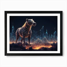 Abstract Image Of A Digital, Wireframe Cheetah Standing In A Futuristic Cityscape With Glowing Orange And Blue Lines Art Print