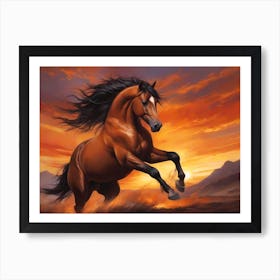 Wild Brown Mustang Running In Sand Near A Mountain Region By A Morning Sunrise - Color Painting Art Print