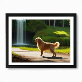 Golden Retriever Standing By Waterfall Art Print