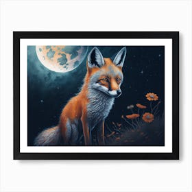 Cute Fox On The Moon Watercolor (3) Art Print