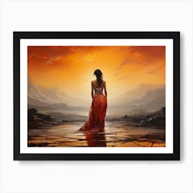 Woman In Red Dress At Sunset Art Print