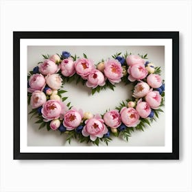 A Heart Shape Created With Pink Peonies And Greenery On A White Background Art Print