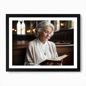 An Adult Woman Likely Of An Elderly Age Dressed In A Worn But Warm White Cardigan Engaging In A S Art Print