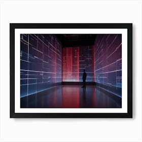 A Man Stands In A Room Surrounded By Glowing Screens Displaying Abstract Digital Patterns In Blue, Red, And White Art Print