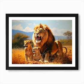 African Lion With Cubs Realism Painting 2 Art Print