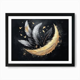 3d Golden and Black Feathers Moon and Birds Art Print