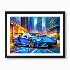 Blue Sports Car On A City Street Art Print