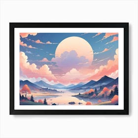 A Whimsical, Digital Illustration Of A Landscape With A Large, Full Moon, Mountains, A Lake, And Trees, Creating A Serene And Dreamy Atmosphere 2 Art Print