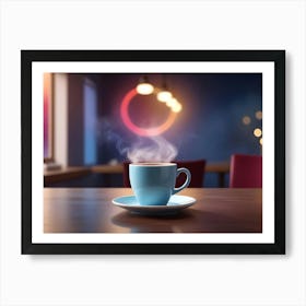 A Steaming Cup Of Coffee In A Blue Cup Sits On A Wooden Table In A Cafe Setting Art Print