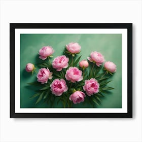 A Bouquet Of Pink Peonies Lies On A Textured Turquoise Background, Offering A Vibrant And Romantic Visual Art Print