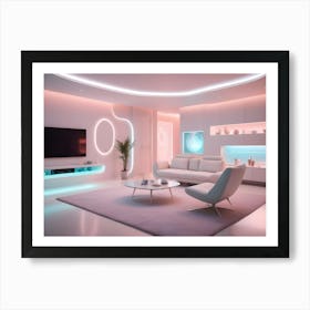 A Modern Living Room Interior With White Furniture And Pink And Blue Neon Lighting, Giving It A Futuristic And Minimalist Feel Art Print