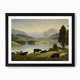 Cows Near Lake Painting Art Print