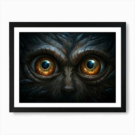 A Close Up Of Two Large, Bright Orange Eyes With Blue Pupils, Set In A Dark, Textured Face With Leaves Art Print