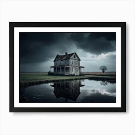 Old House Reflecting On A Tranquil Pond Captured In A Photograph On A Black Background Cloud Fille Art Print