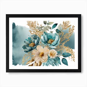 Watercolor Flowers In Blue And Gold Art Print