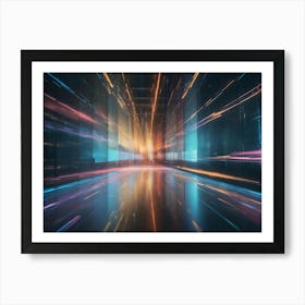 An Abstract Image Of A Futuristic, Glowing Corridor With Streaks Of Light In Shades Of Orange, Pink, And Blue Art Print